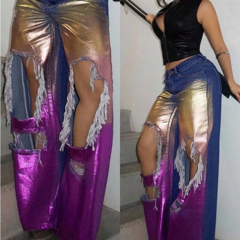 Metallic Multicolor Ripped Wide-Leg Jeans